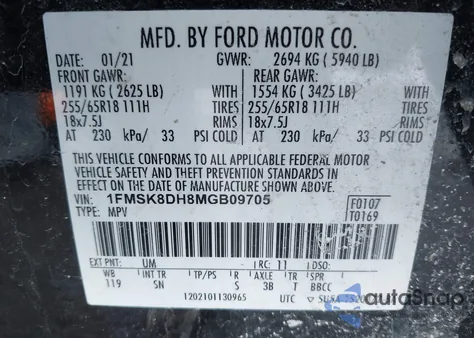 2021 Ford Explorer Xlt z USA, uszkodzony, nr VIN 1FMSK8DH8MGB09705